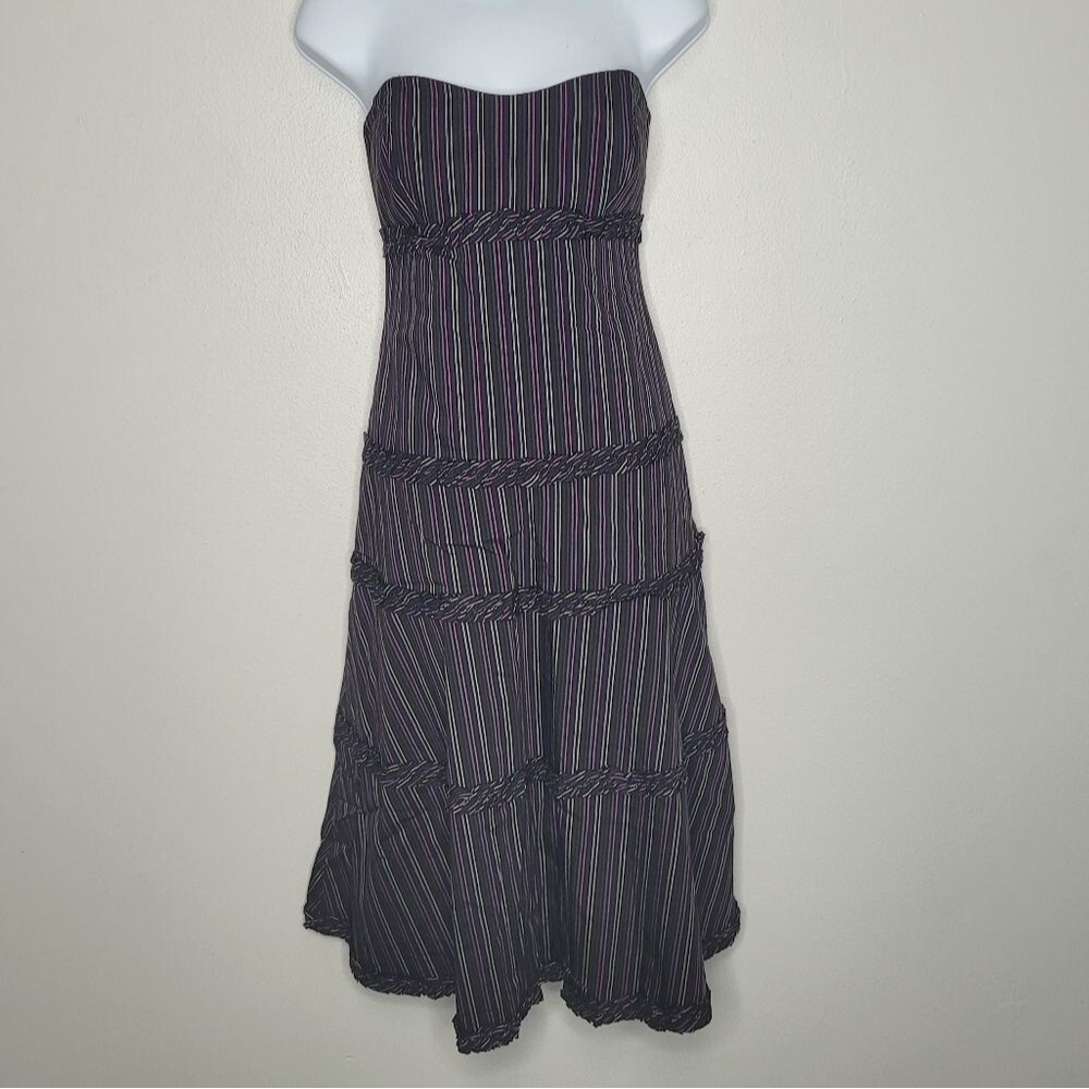 vintage y2k Nicole Miller black striped tiered strapless moody midi dress size 6